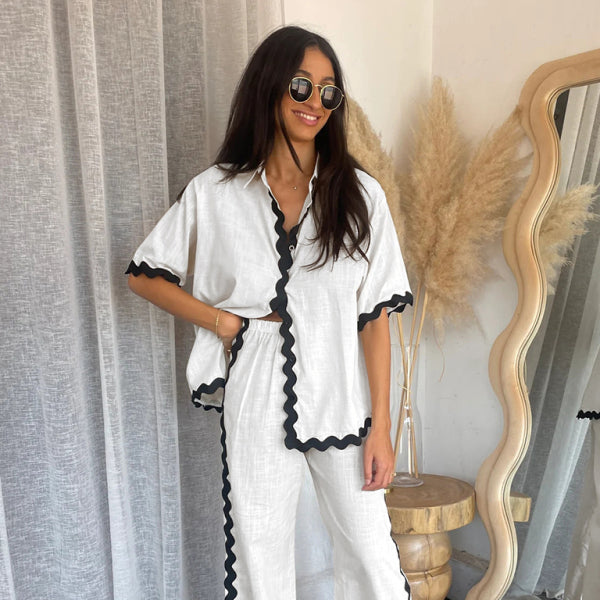 ✨ Chic Lace Splicing Two-Piece Set – Casual & Comfy Shirt + Trousers for Effortless Style ✨