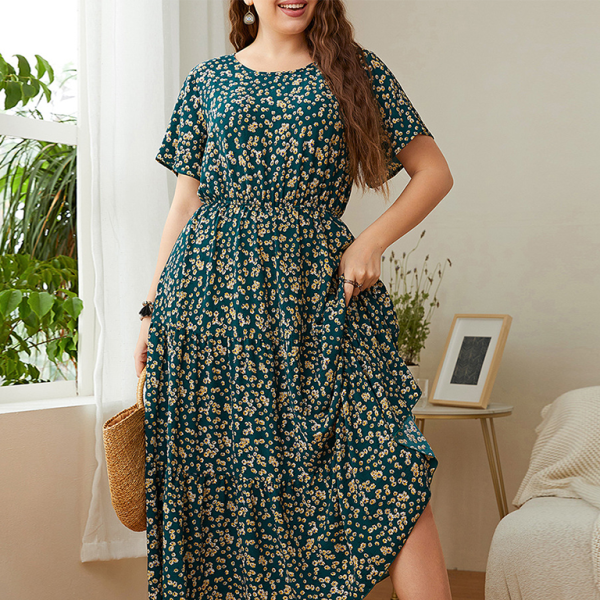 π¦ Plus Size Floral Print Waist Dress Round Neck Casual Chic πΈ