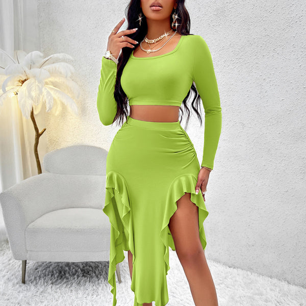 β¨ Chic & Flirty 2-Piece Skirt Set β Long Sleeve Round Neck Top & Ruffled Skirt β¨