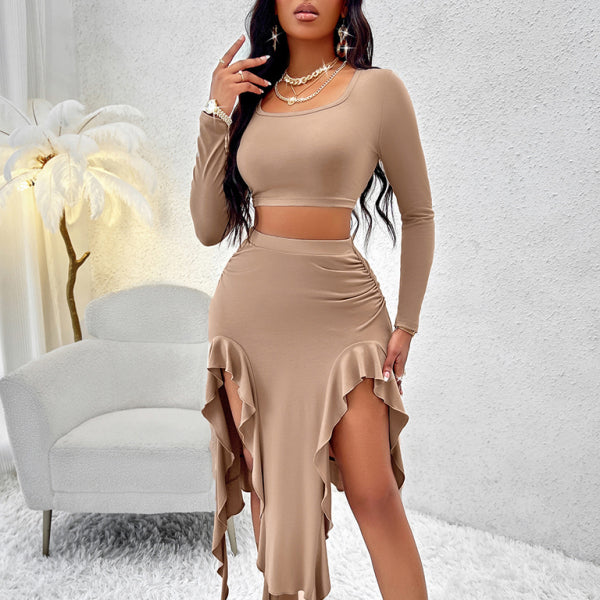 β¨ Chic & Flirty 2-Piece Skirt Set β Long Sleeve Round Neck Top & Ruffled Skirt β¨
