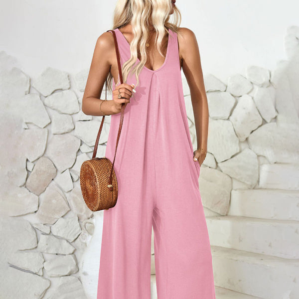 🖤 Chic V-Neck Sleeveless Jumpsuit with Pockets – Comfy & Stylish Wide-Leg Fit ✨