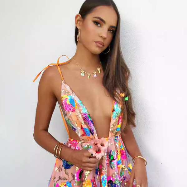 ✨ Sexy Backless Sequin Mini Dress Strappy V-Neck Party Outfit ✨