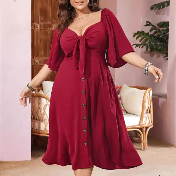 π€ Chic Plus Size Bow V-Neck Dress β Elegant Short Sleeve Fit for Spring & Summer β¨