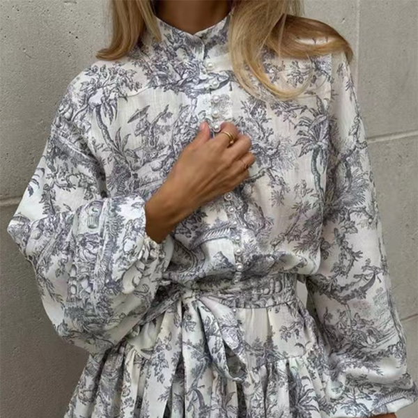 π€ Chic Puff Sleeve Lace-Up A-Line Dress β Vintage Print Retro Vibes β¨