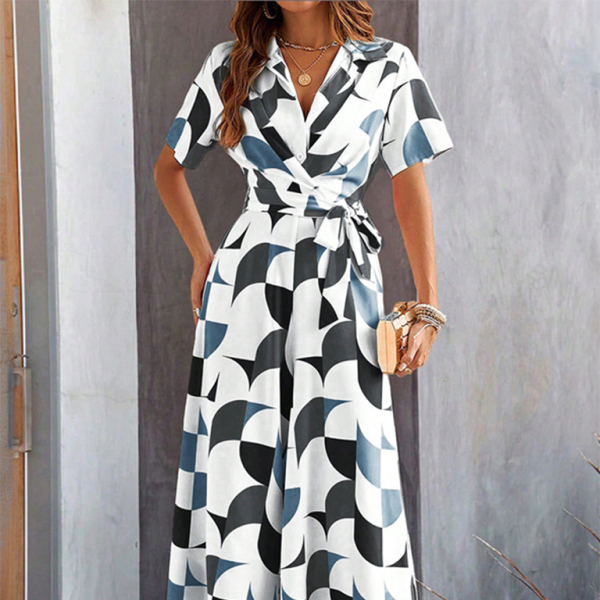 🖤 Chic High-Waist Printed Jumpsuit – Stylish & Flattering Short Sleeve Outfit 🤍