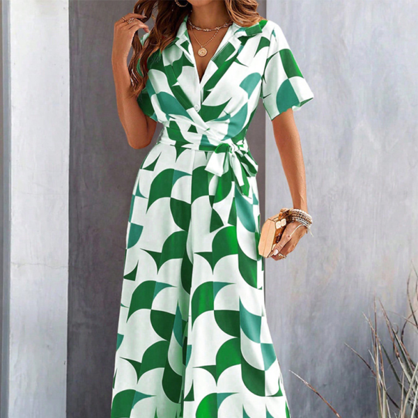 🖤 Chic High-Waist Printed Jumpsuit – Stylish & Flattering Short Sleeve Outfit 🤍