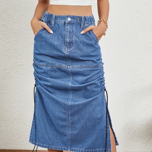 Chic & Casual Denim Midi Skirt with Drawstring Waist – Effortless Spring Style