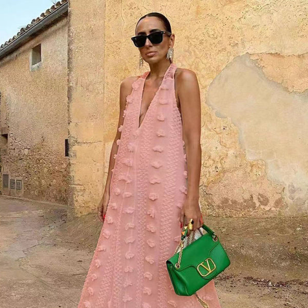 ✨ Chic Halter Neck V-Neck Floral Swing Dress – Perfect for Vacations & Holidays ✨