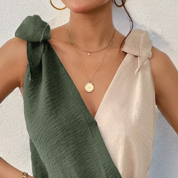 🔥 Chic Contrast Stitch Lace-Up Bodysuit – Trendy Sleeveless V-Neck Look 🔥