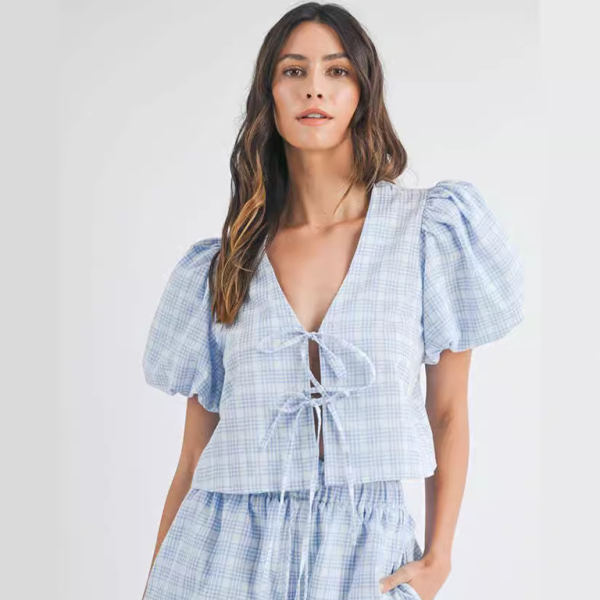 ✨ Chic Plaid Two-Piece Set – V-Neck Bow Top & Casual Shorts for Effortless Style ✨