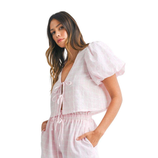 ✨ Chic Plaid Two-Piece Set – V-Neck Bow Top & Casual Shorts for Effortless Style ✨