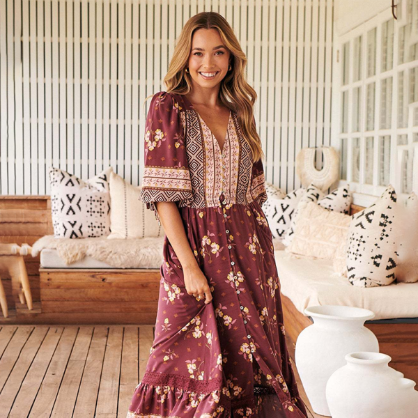 β¨ Boho Chic V-Neck Button-Down Dress β Flowy, Stylish & Perfect for Vacay β¨