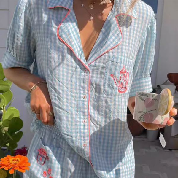 🫶 Cozy Plaid Pajama Set – Cute Embroidered Teapot Lounge Wear 💖