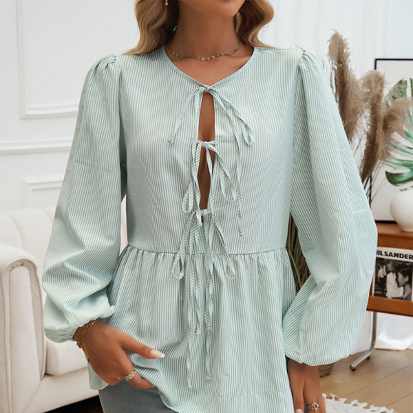 π€ Striped Lace-Up Shirt for Women Casual Chic Long Sleeve Blouse π€