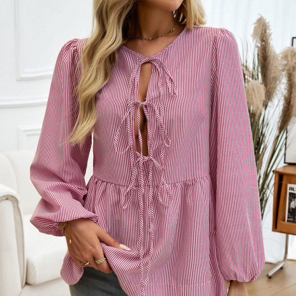 π€ Striped Lace-Up Shirt for Women Casual Chic Long Sleeve Blouse π€