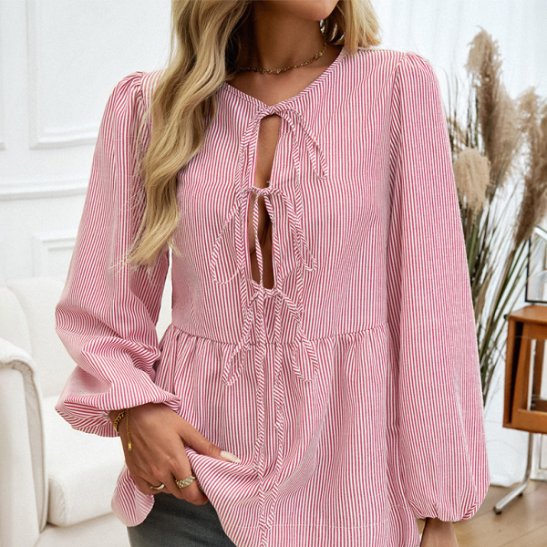 π€ Striped Lace-Up Shirt for Women Casual Chic Long Sleeve Blouse π€