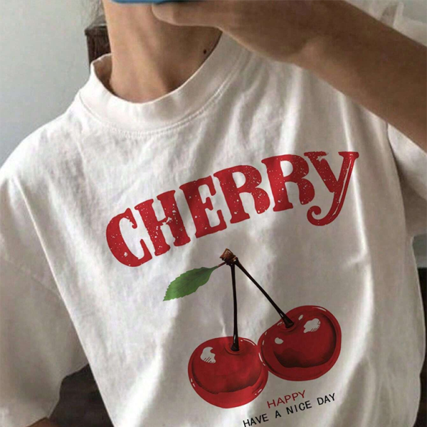 🍒 Oversized Cherry Print T-Shirt Loose Casual Aesthetic Tee White Short Sleeve 🍒