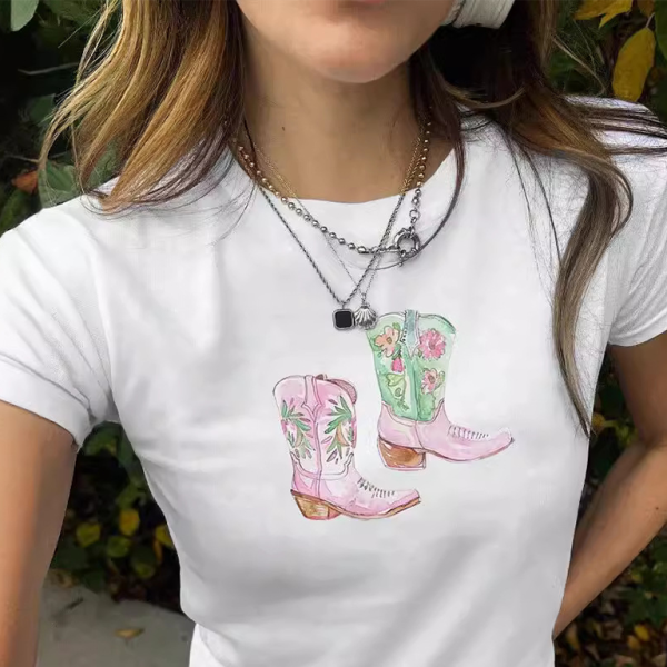 🩷 Y2K Boots Print Crop Top Trendy Hot Girl Aesthetic T-Shirt 🩷