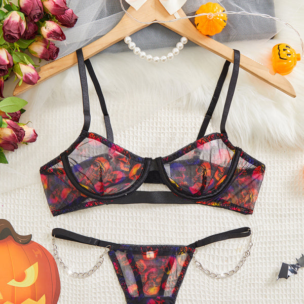 🎃 Sexy Halloween Skull Print Thong Bra Set Spooky Cute Lingerie 🖤