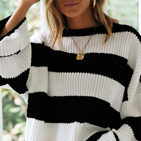π§‘ Cozy Chic Striped Knit Sweater Flare Sleeve Round Neck Pullover β¨