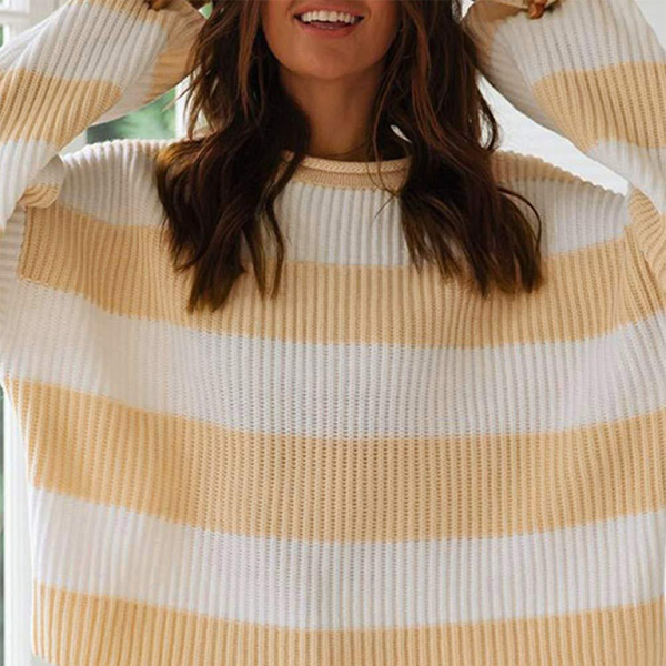 π§‘ Cozy Chic Striped Knit Sweater Flare Sleeve Round Neck Pullover β¨