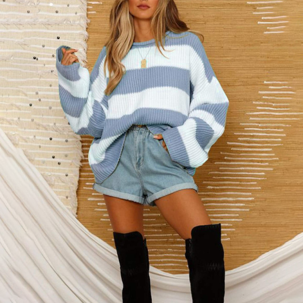 π§‘ Cozy Chic Striped Knit Sweater Flare Sleeve Round Neck Pullover β¨