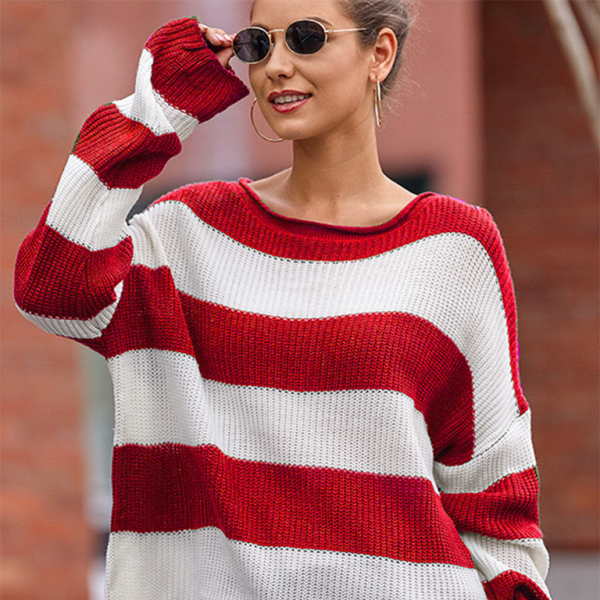 π§‘ Cozy Chic Striped Knit Sweater Flare Sleeve Round Neck Pullover β¨