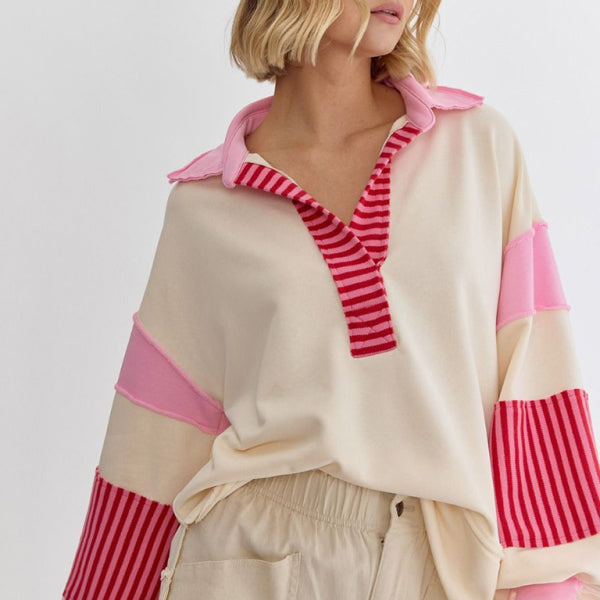 ποΈ Oversized Striped Sweatshirt Polo Neck Cozy Fall Winter Top β¨