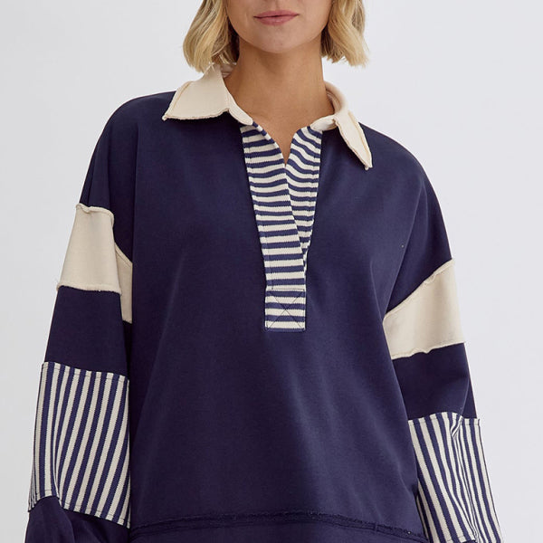 ποΈ Oversized Striped Sweatshirt Polo Neck Cozy Fall Winter Top β¨