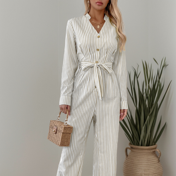 ✨ Chic Striped V-Neck Lace-Up Jumpsuit – Stylish & Comfy for Any Occasion ✨