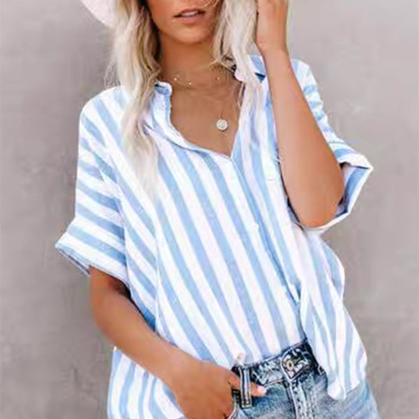 β¨ Chic Striped Cardigan Shirt β Trendy Short Sleeve Blouse for Any Season β¨