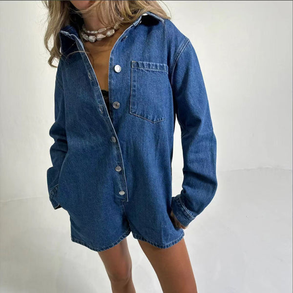 👖 Chic Denim Jumpsuit for Women Long Sleeve Lapel Romper Casual Trendy Outfit 👖