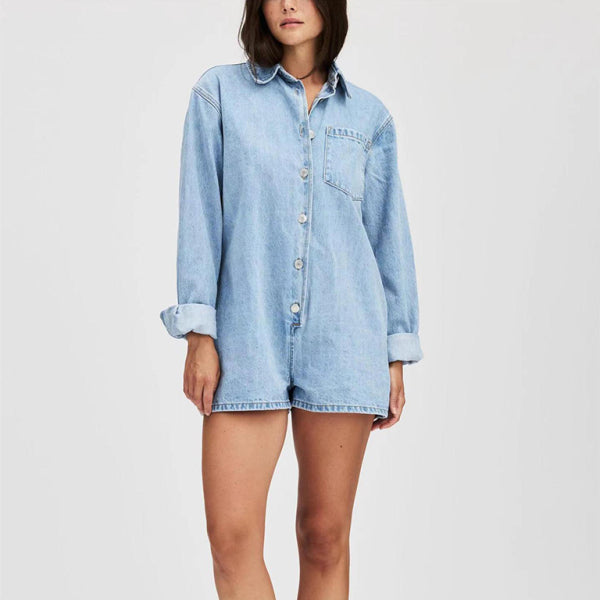 👖 Chic Denim Jumpsuit for Women Long Sleeve Lapel Romper Casual Trendy Outfit 👖