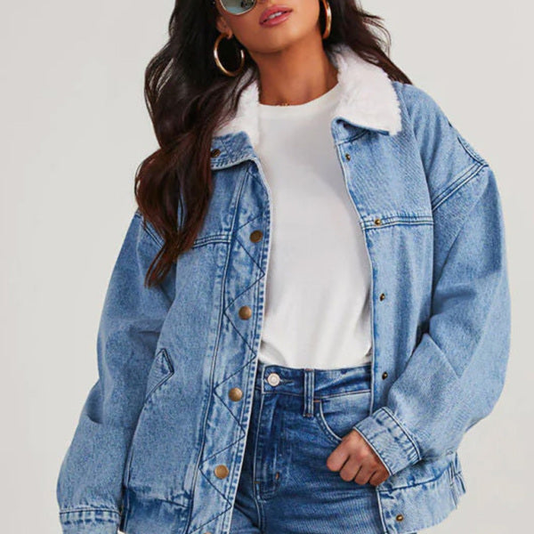 Cozy Fur Collar Denim Jacket Oversized Quilted Winter Coat