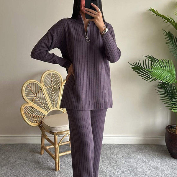 🖤 Cozy Chic Knitted Two-Piece Set – Zip Up Lounge Outfit for Fall & Winter 🖤