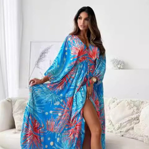 ✨ Sexy Deep V Printed Slit Dress – Chic & Flowy Vacation Look ✨