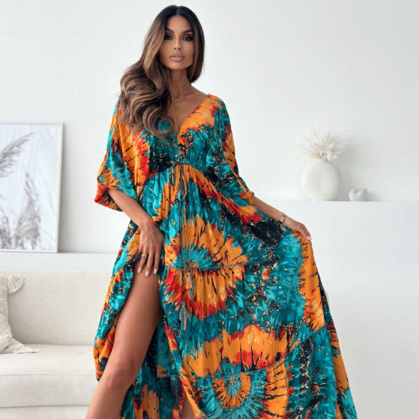 ✨ Sexy Deep V Printed Slit Dress – Chic & Flowy Vacation Look ✨