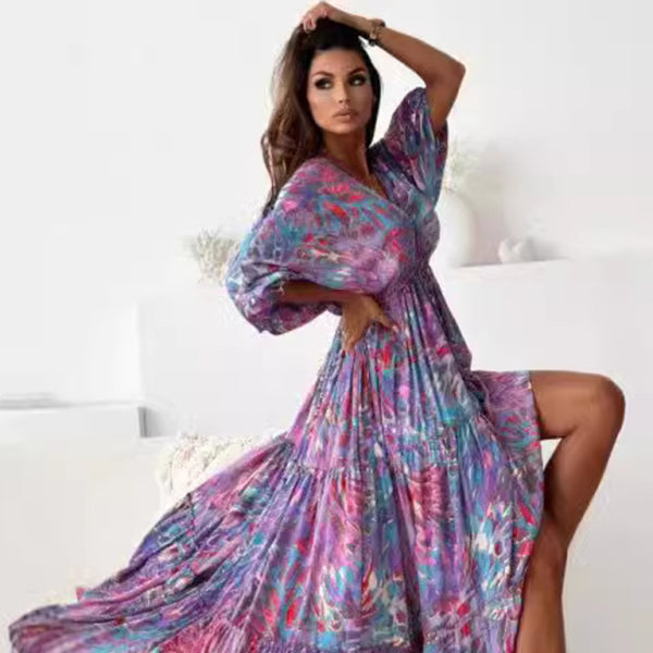 ✨ Sexy Deep V Printed Slit Dress – Chic & Flowy Vacation Look ✨