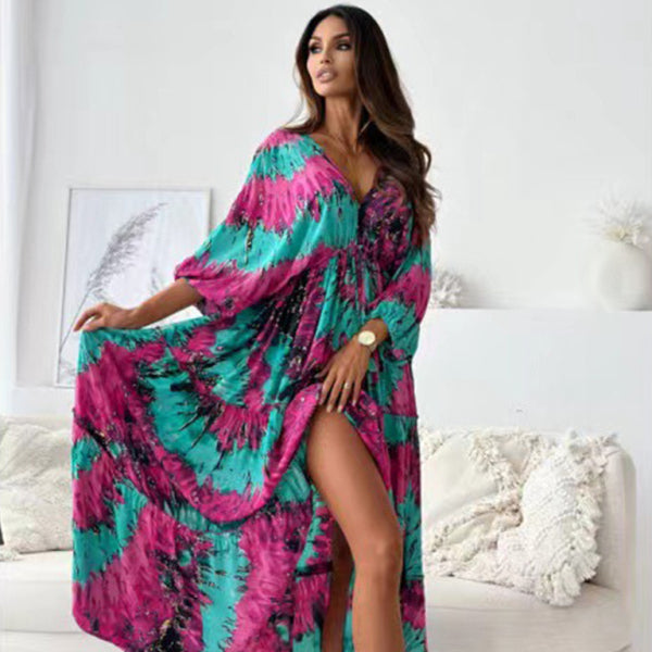✨ Sexy Deep V Printed Slit Dress – Chic & Flowy Vacation Look ✨