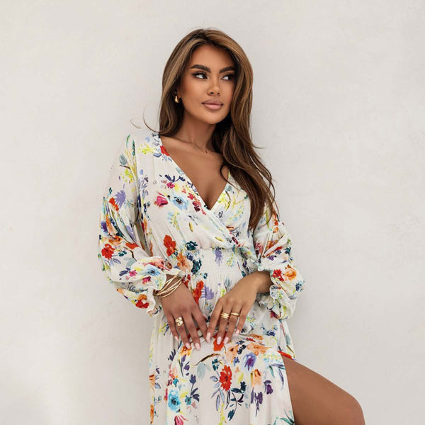 ✨ Chic Printed V-Neck Slit Dress – Stylish & Sexy Long Sleeve Outfit ✨