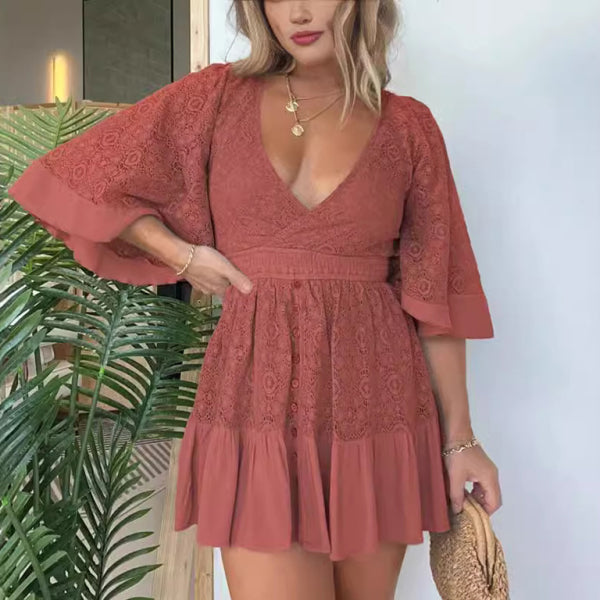 β¨ Chic Lace Patchwork Dress β Elegant Batwing Sleeves & Sultry V-Neck for Effortless Glam β¨