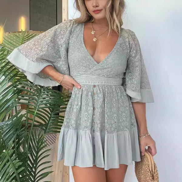 β¨ Chic Lace Patchwork Dress β Elegant Batwing Sleeves & Sultry V-Neck for Effortless Glam β¨