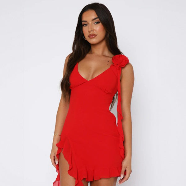 Deep V Floral Mini Dress Slim Fit stylish Wave Hem Outfit