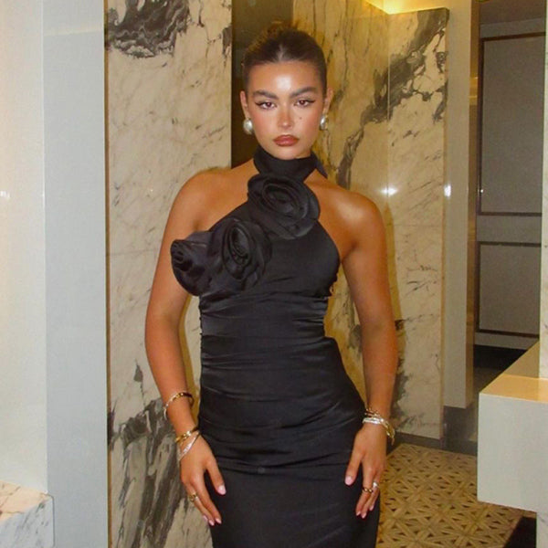 ✨ Elegant Ribbon Flower Halter Neck Maxi Dress Sleeveless Chic Look ✨