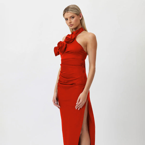 ✨ Elegant Ribbon Flower Halter Neck Maxi Dress Sleeveless Chic Look ✨