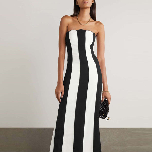 🖤 Chic Strapless Black and White Striped Dress – Trendy & Elegant for Any Occasion 🤍