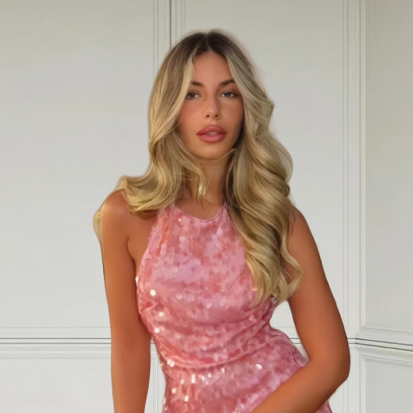 ✨ Hot Girl Pink Sequin Halter Dress – Sexy Backless Sleeveless Party Mini ✨