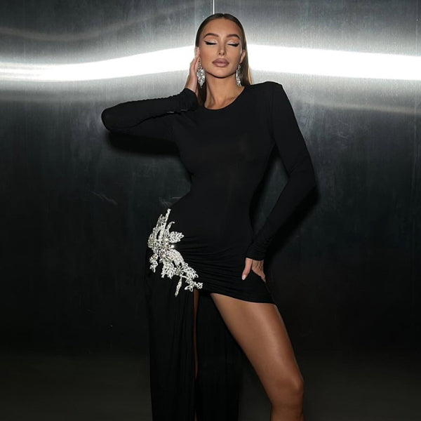 β¨ Black Diamond Flower Long Sleeve Dress Sexy Party Outfit β¨