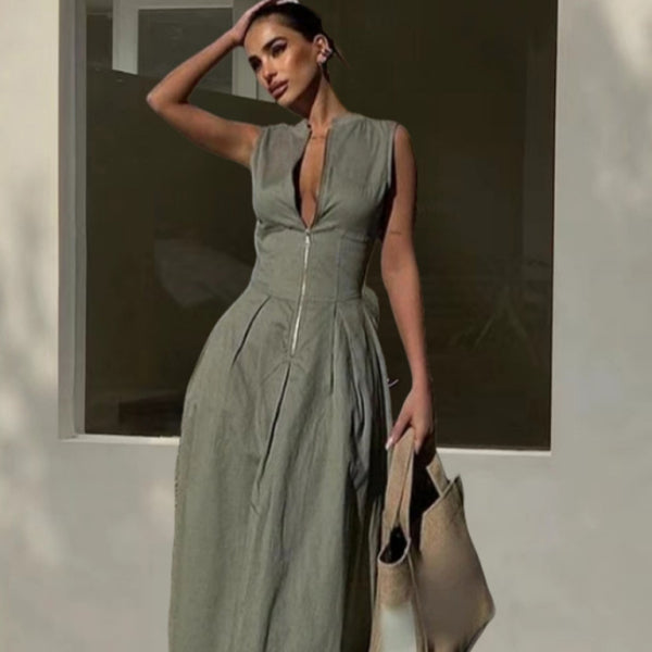 💼 New Sleeveless V-Neck Waist Zipper Dress – Chic & Effortless 💼