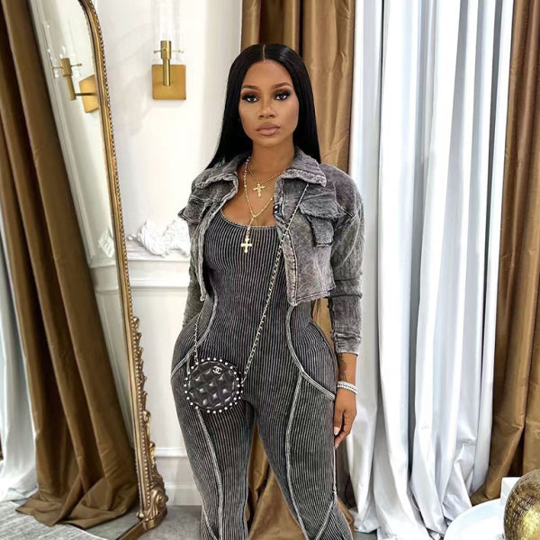β¨ Chic & Stylish Women's Distressed Jumpsuit Two-Piece Set β Trendy & Comfy Outfit β¨